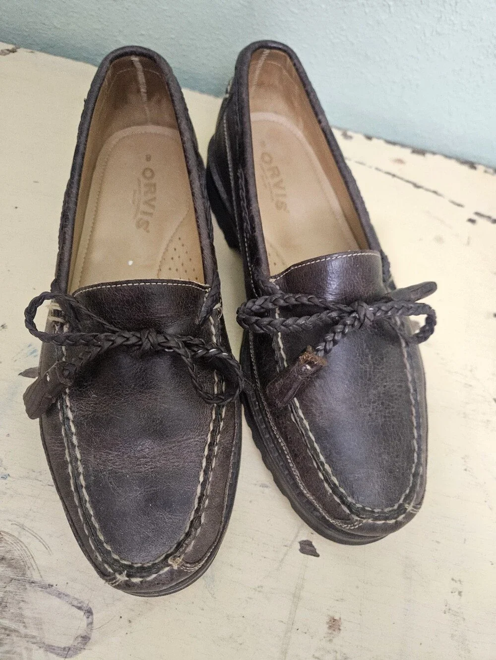 Orvis Dark Brown Leather Braided Lace Moccasin Slip-Ons